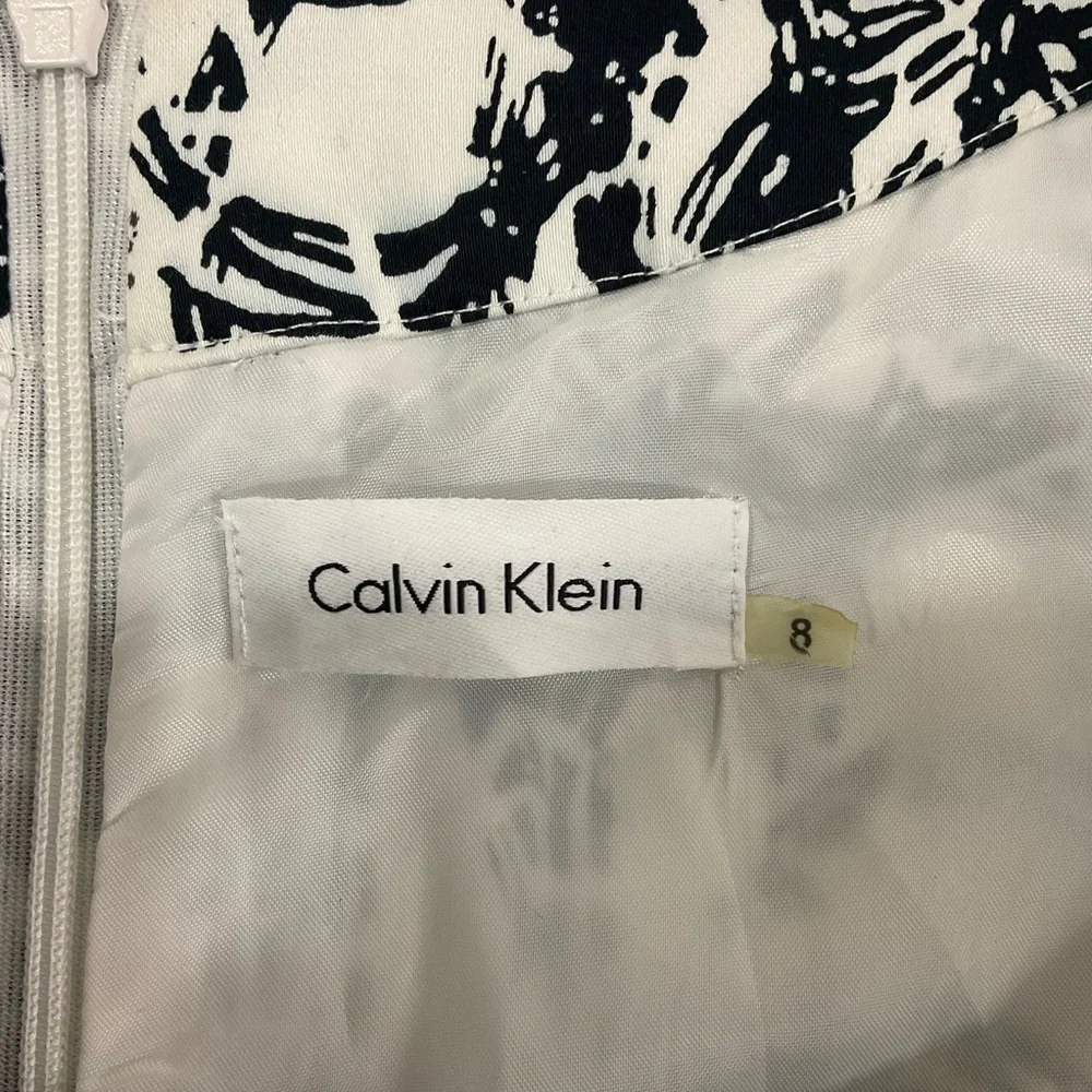 Calvin Klein A-Line Midi Dress Womens 8 Black White Abstract‎ Sleeveless Lined
